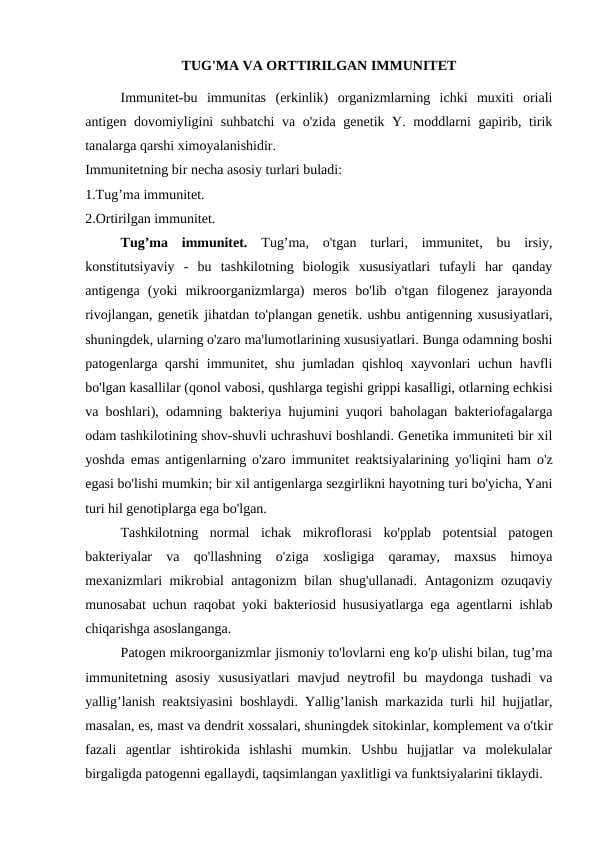 TUG'MA VA ORTTIRILGAN IMMUNITET