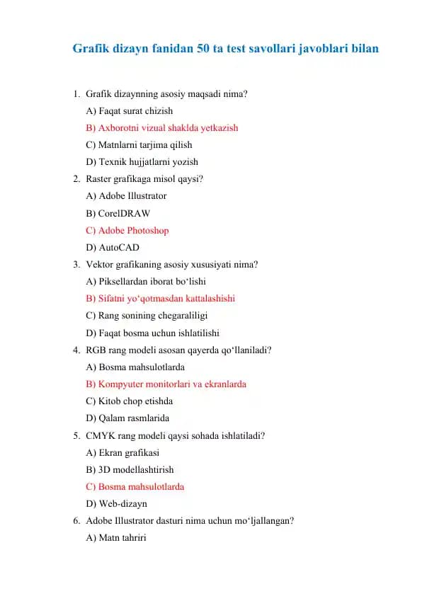 Grafik dizayn fanidan 50 ta test savollari javoblari bilan