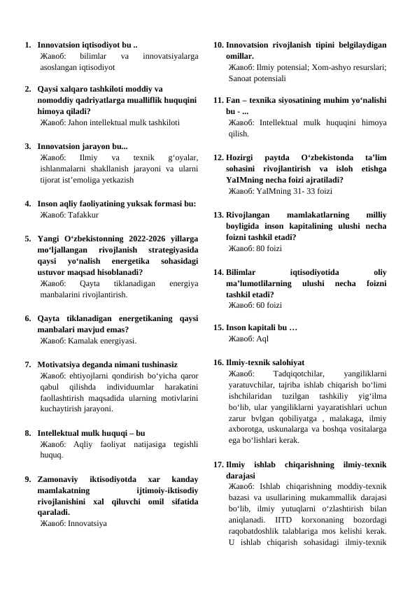 Bimm test Iqtisod yo'nalishi bo'yicha 2024-yil