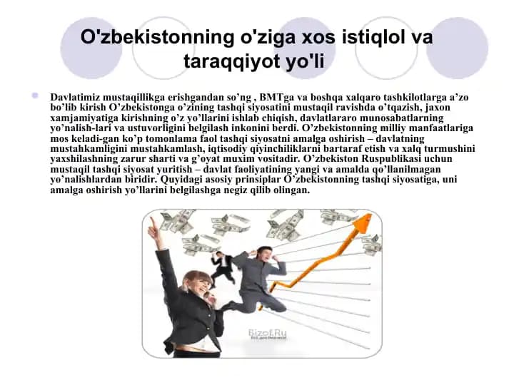O'zbekistonning o'ziga xos istiqlol va taraqqiyot yo'li