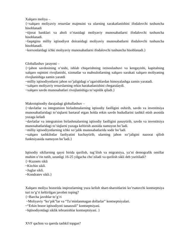 xalqaro moliya munosabatlari fanidan test, 200 talik javoblari bilan