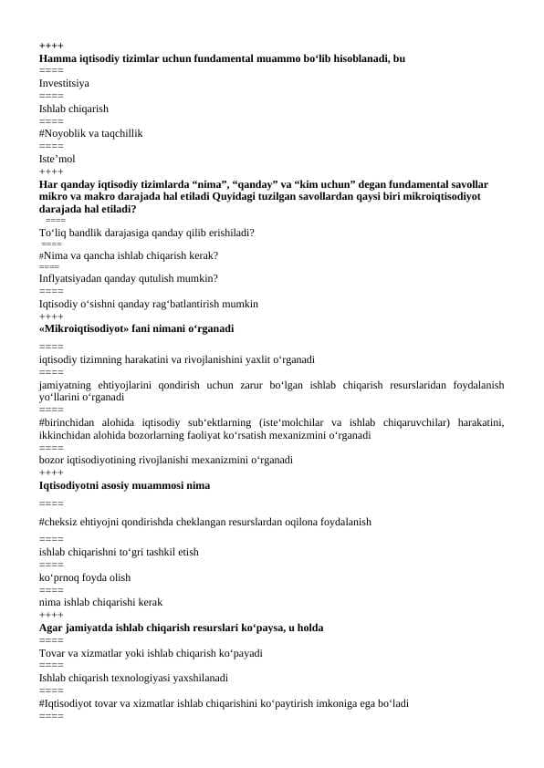 mikroiqtisodiyot fanidan test, 200 talik javoblari bilan