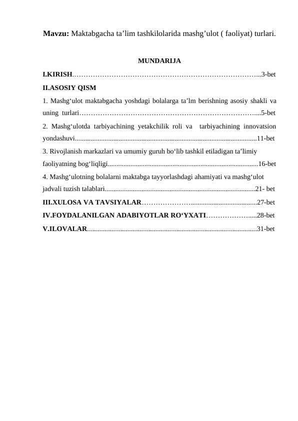 Maktabgacha ta’lim tashkilolarida mashgʼulot ( faoliyat) turlari.