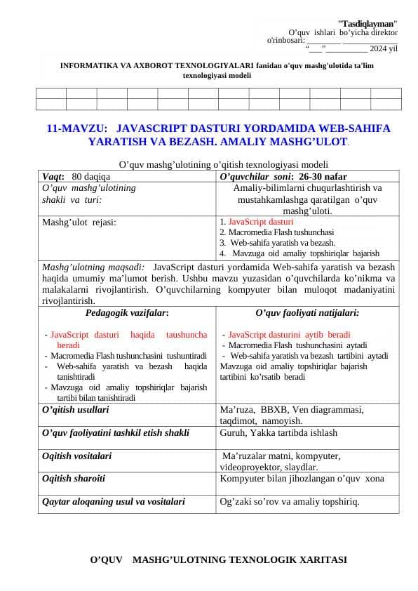 JavaScript dasturi yordamida Web sahifa yaratish va bezash