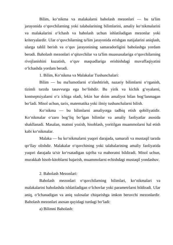 Bilim, ko‘nikma va malakalarni baholash mezonlari.docx