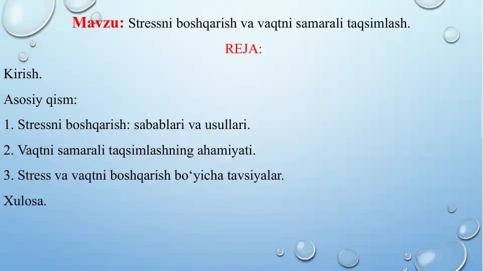 Stressni boshqarish va vaqtni samarali taqsimlash