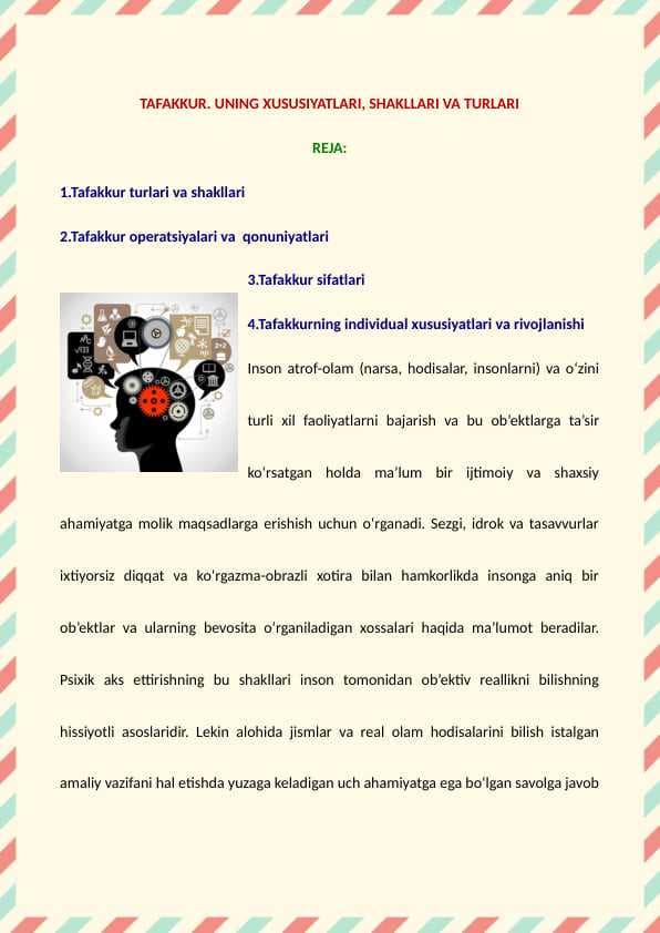 Tafakkur. Uning xususiyatlari, shakllari va turlari