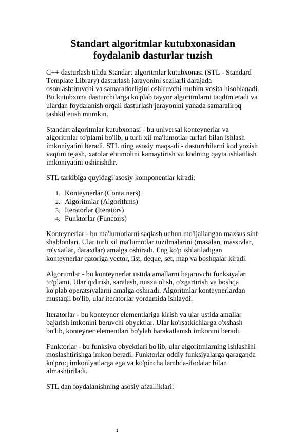 Standart algoritmlar kutubxonasidan foydalanib dasturlar tuzish