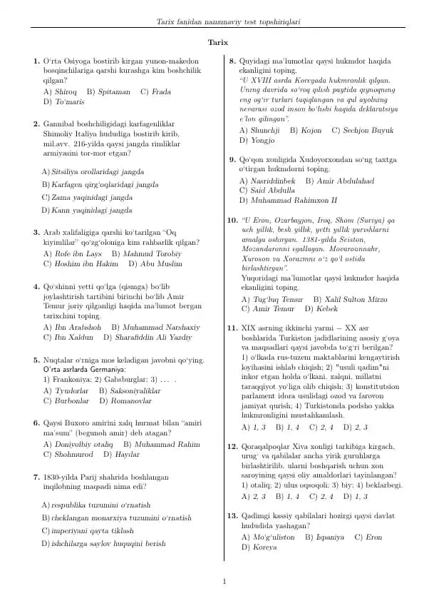 Tarix fanidan namunaviy test topshiriqlari