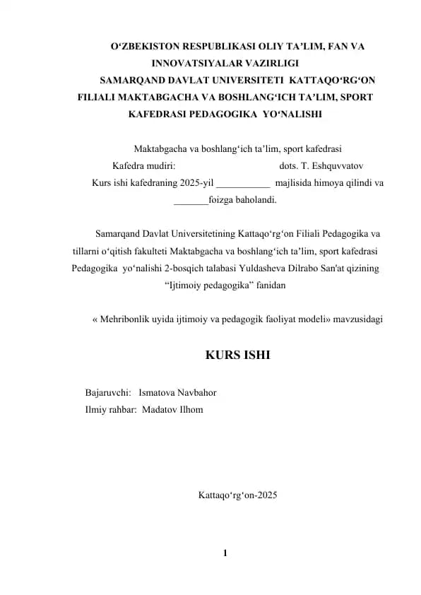 Mehribonlik uyida ijtimoiy va pedagogik faoliyat modeli