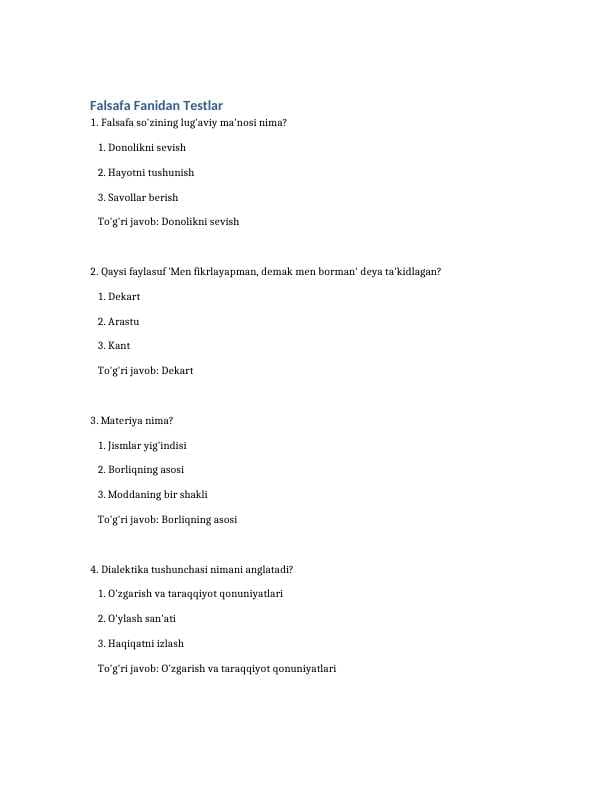 Falsafa fanidan test tuplami savol javoblari bilan