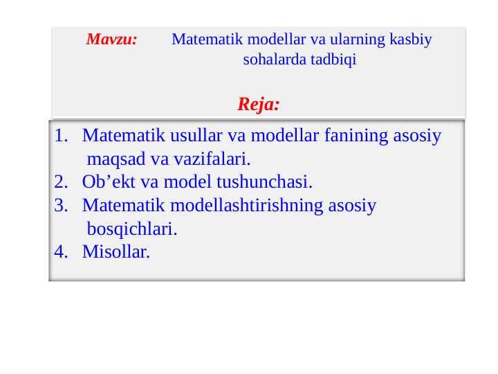 Matematik modellar va ularning kasbiy sohalari