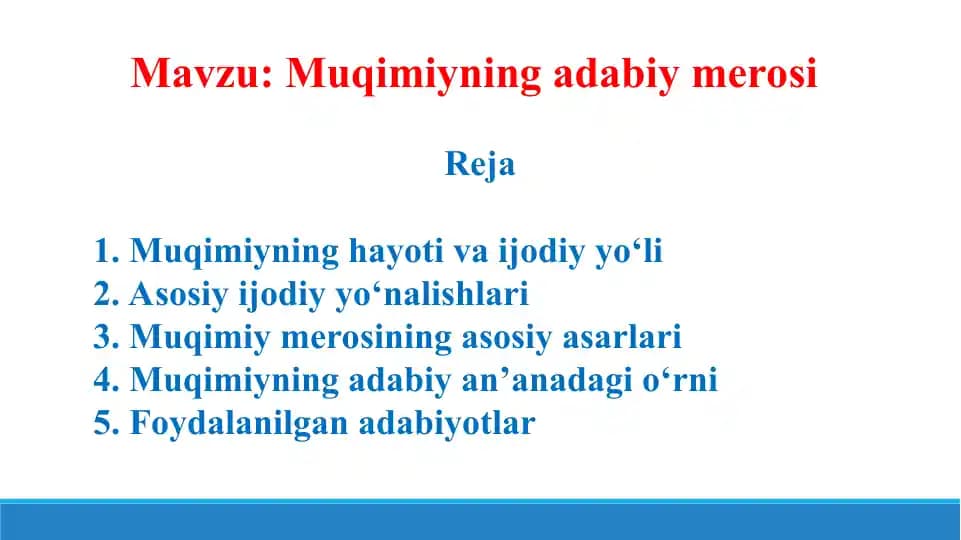 Muqimiyning adabiy merosi. Taqdimot 12 bet.