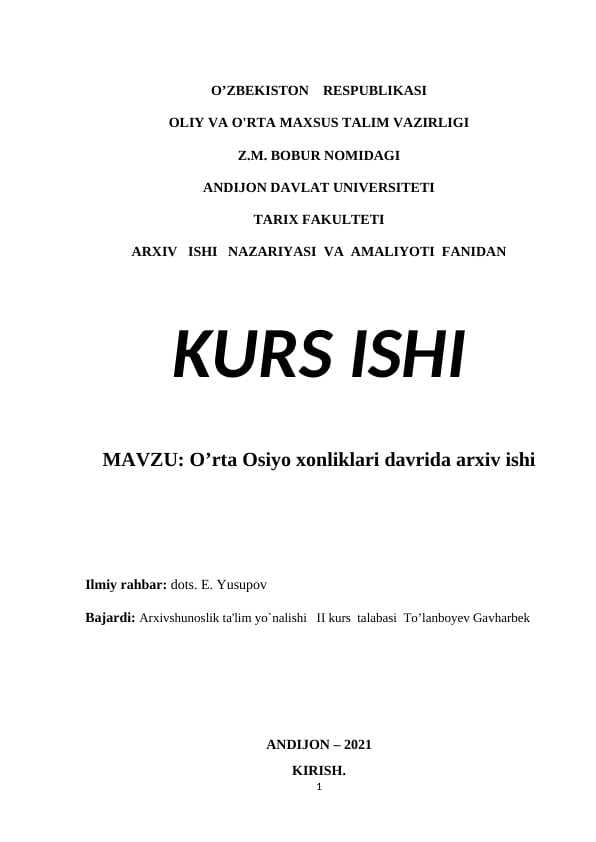 O’rta Osiyo xonliklari davrida arxiv ishi