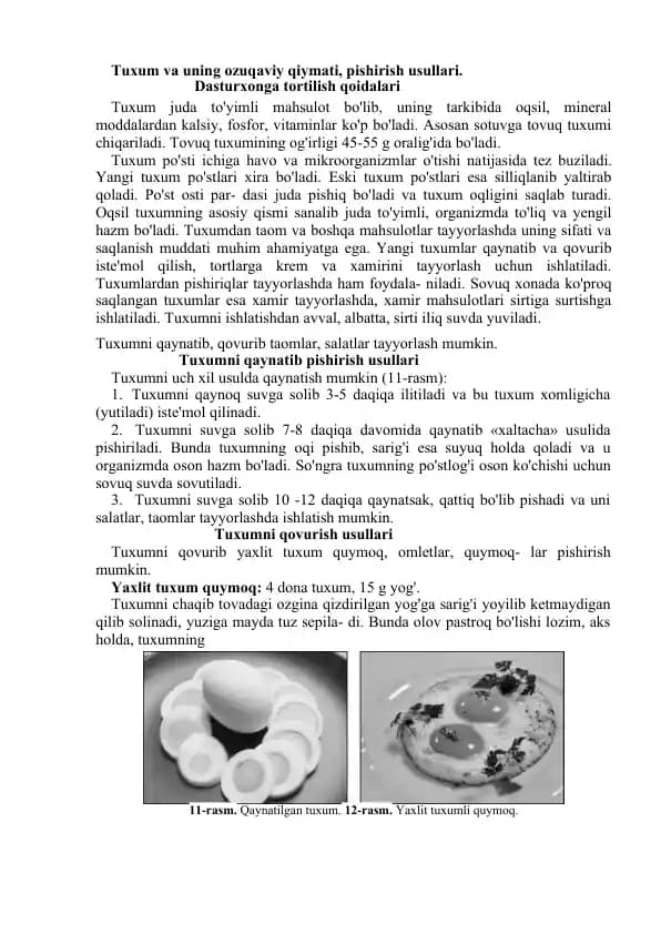 Tuxum va uning ozuqaviy qiymati, pishirish usullari