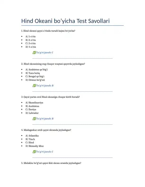 Hind Okeani bo’yicha Test Savollari