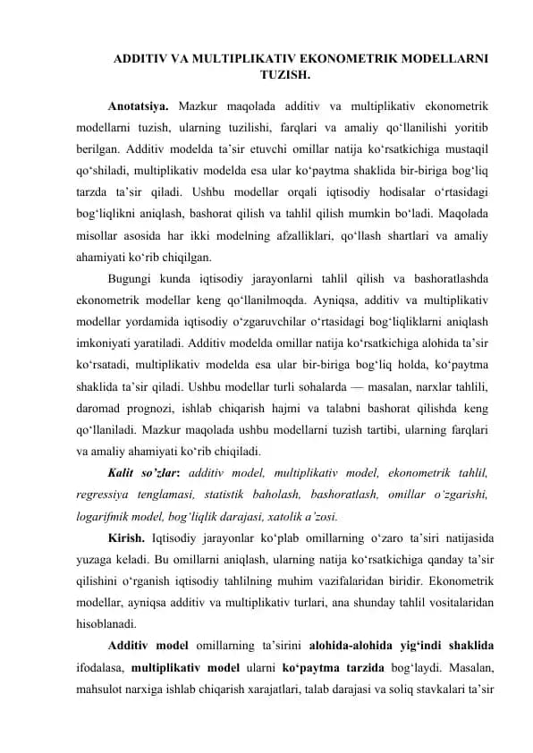 ADDITIV VA MULTIPLIKATIV EKONOMETRIK MODELLARNI TUZISH