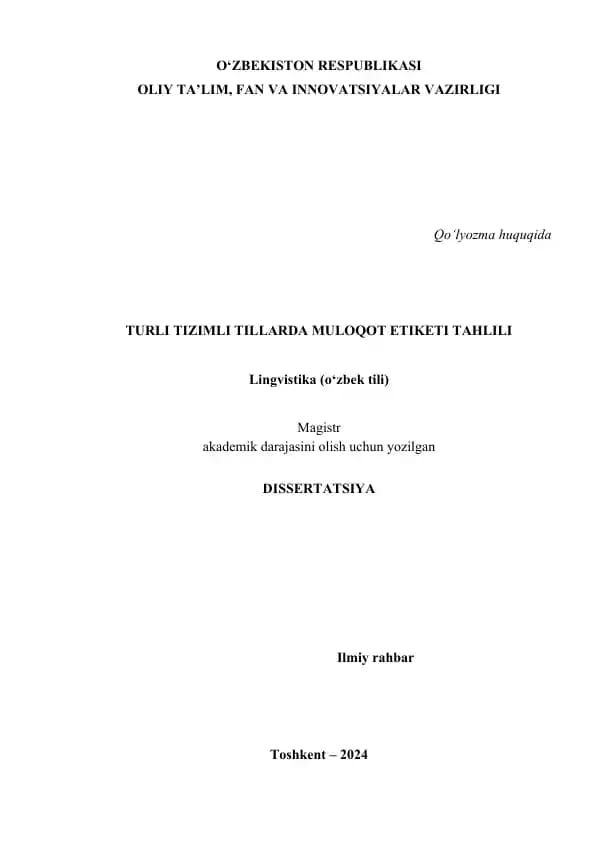 TURLI TIZIMLI TILLARDA MULOQOT ETIKETI TAHLILI