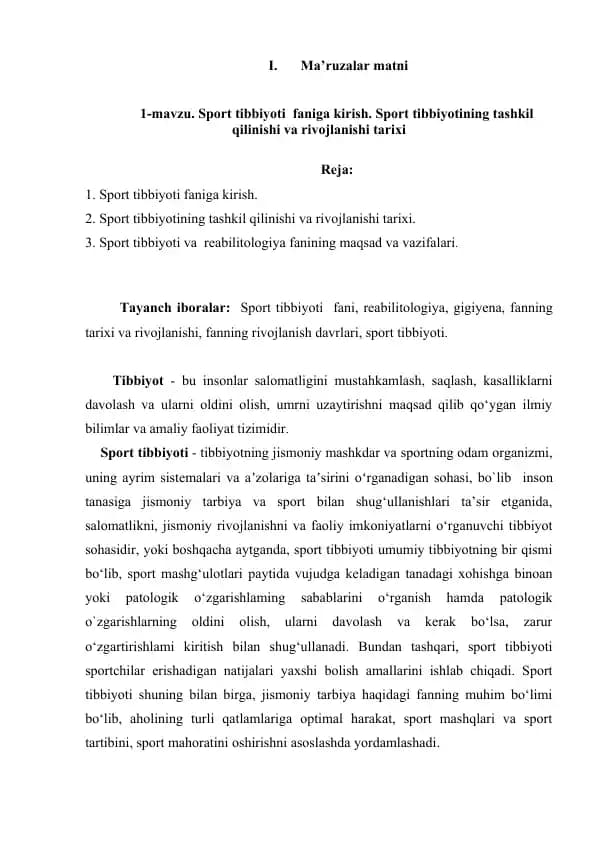 Sport tibbiyoti faniga kirish