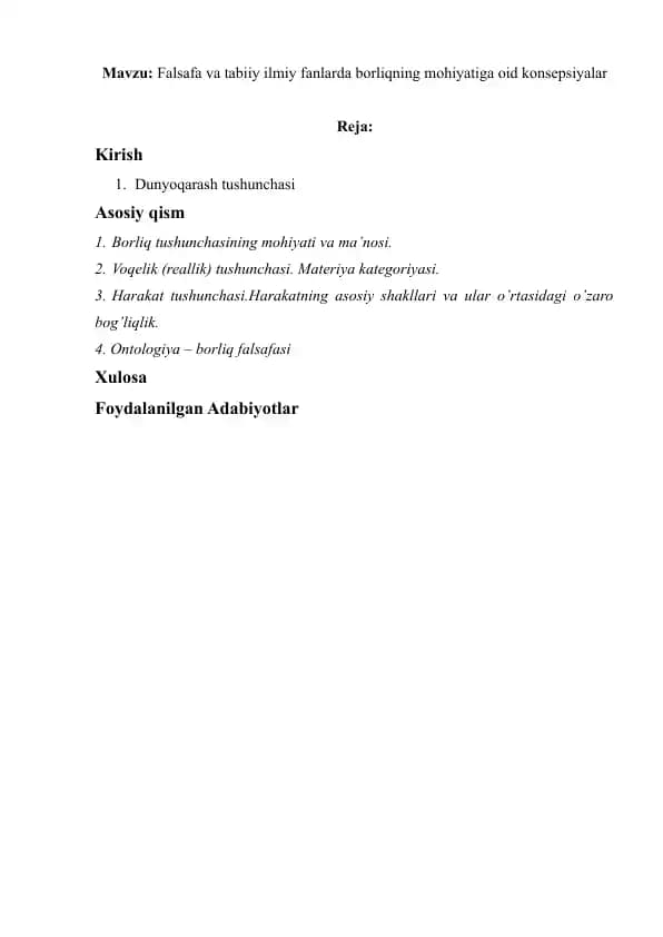 Falsafa va tabiiy ilmiy fanlarda borliqning mohiyatiga oid konsepsiyalar