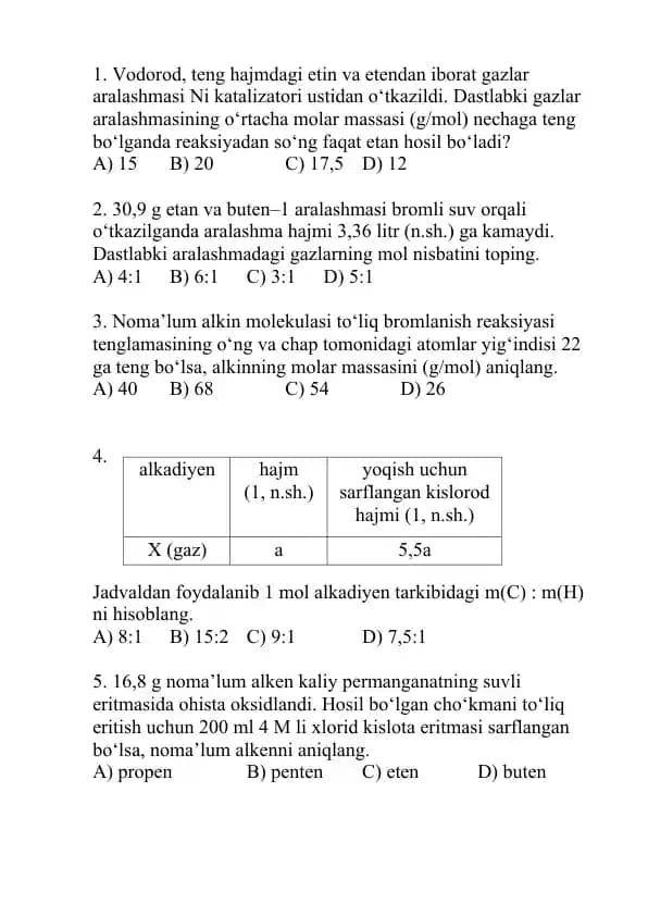 Alkenga oid 5 ta test savollari