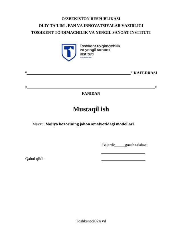 Moliya bozorining jahon amalyotidagi modellari.