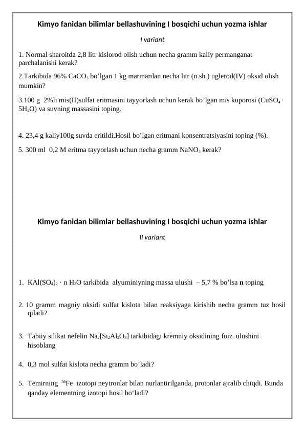 Kimyo fanidan bilimlar bellashuvining I bosqichi uchun yozma ishlar