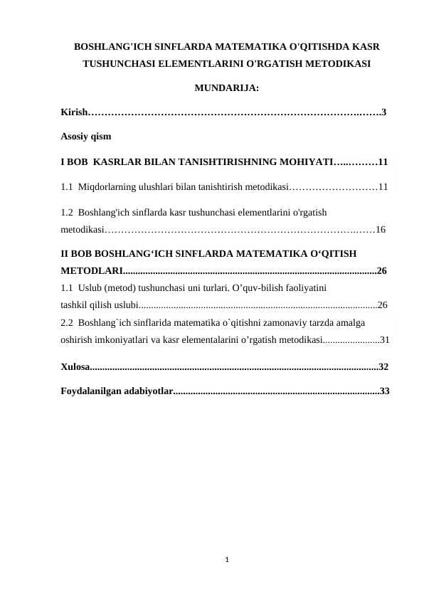 BOSHLANG'ICH SINFLARDA MATEMATIKA O'QITISHDA KASR TUSHUNCHASI ELEMENTLARINI O'RGATISH