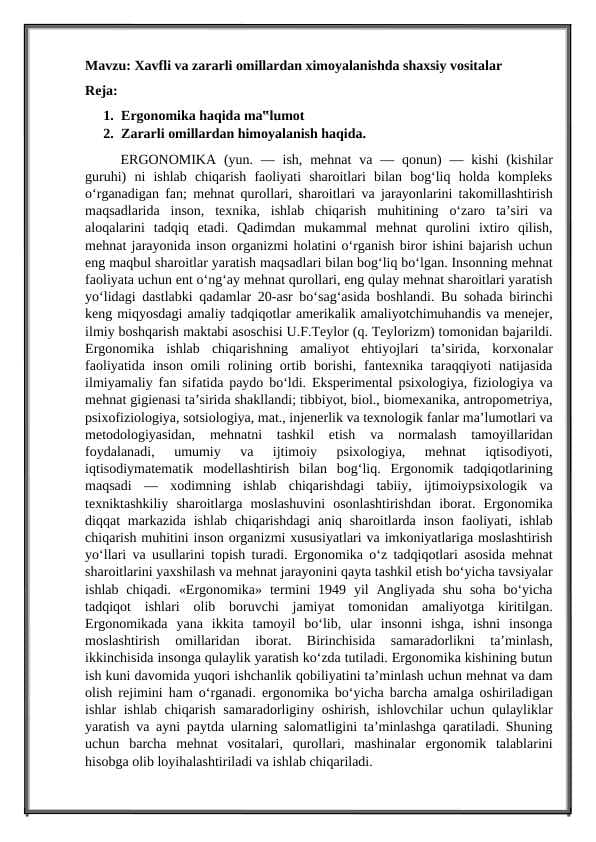 xavfli va zararli omillardan himoyalanish