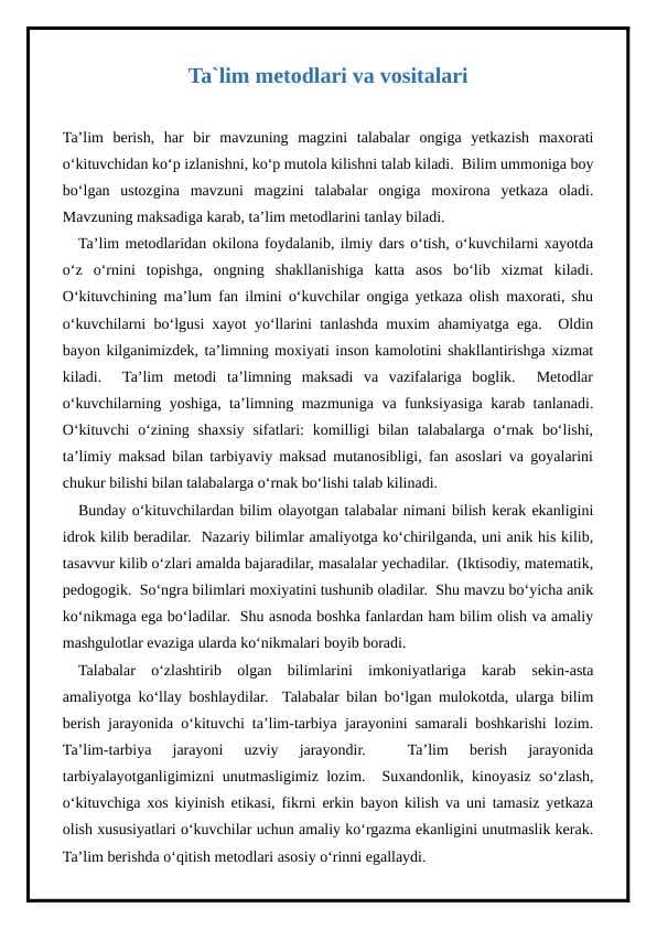 Ta`lim metodlari va vositalari
