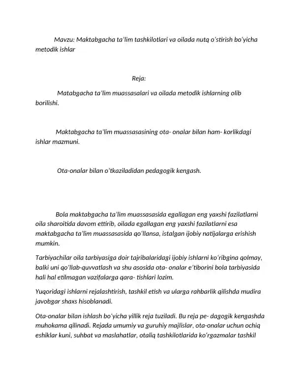 Maktabgacha taʼlim tashkilotlari va oilada nutq oʻstirish boʻyicha metodik ishlar