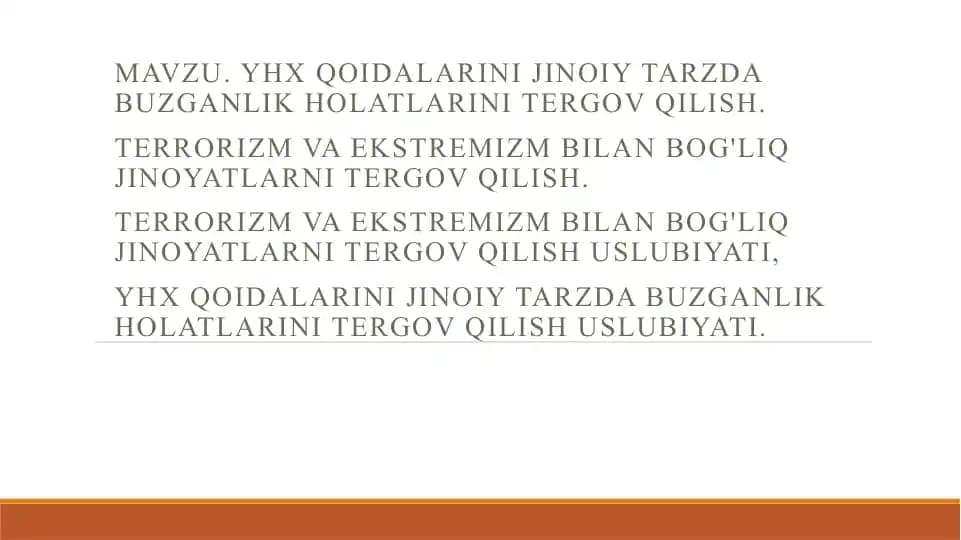 YHX qoidalarini jinoiy tarzda buzganlik holatlarini tergov qilish