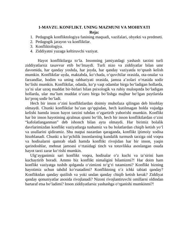 KONFLIKT. UNING MAZMUNI VA MOHIYATI