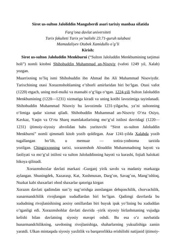 Sirоt us-sulton Jaloliddin Manguberdi asari tarixiy manba sifatida tarixiy badia