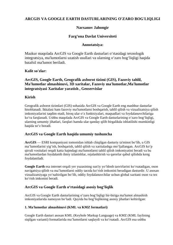 ARCGIS VA GOOGLE EARTH DASTURLARINING O'ZARO BOG'LIQLIGI