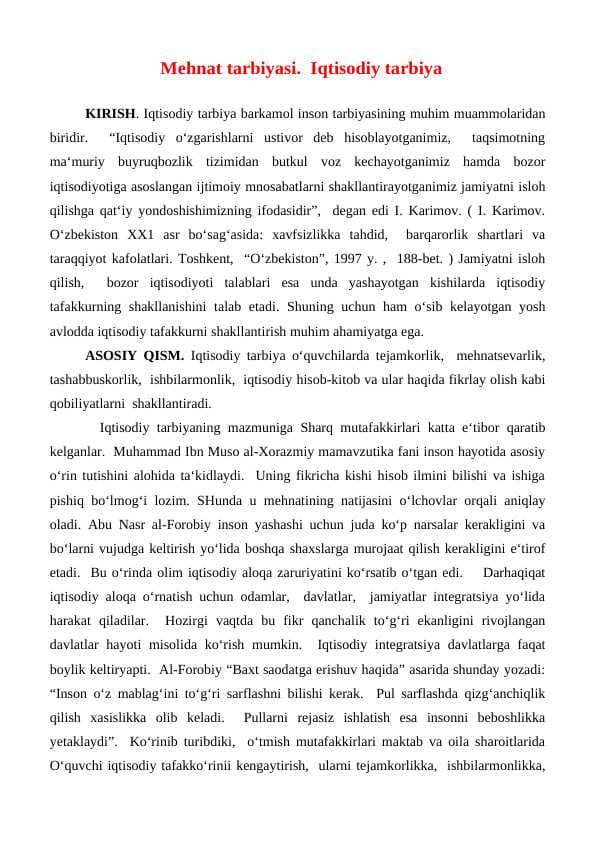 Mehnat tarbiyasi. Iqtisodiy tarbiya