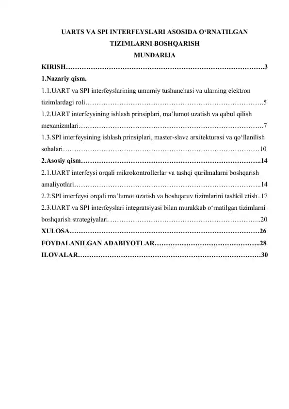 UARTS VA SPI INTERFEYSLARI ASOSIDA O‘RNATILGAN TIZIMLARNI BOSHQARISH