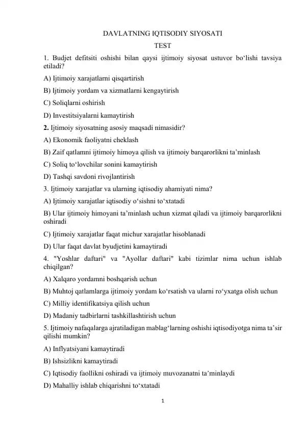 DAVLATNING IQTISODIY SIYOSATI