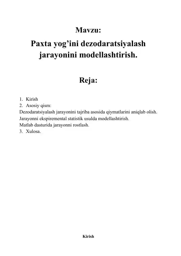 Paxta yog’ini Dezodaratsiyalash Jarayonini Modellashtirish