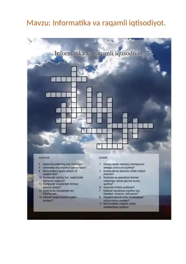 Informatika va raqamli iqtisodiyot krosword
