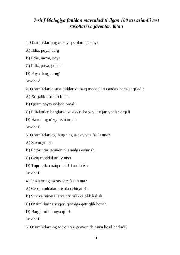 7-sinf Biologiya fanidan mavzulashtirilgan 100 ta variantli test savollari va javoblari bilan