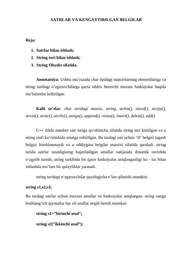 SATRLAR VA KENGAYTIRILGAN BELGILAR