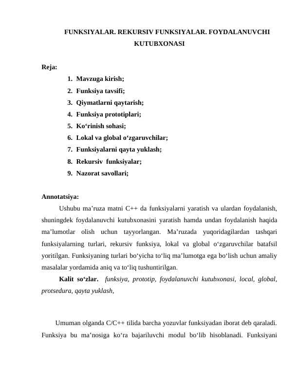 FUNKSIYALAR. RЕKURSIV FUNKSIYALAR. FOYDALANUVCHI KUTUBXONASI