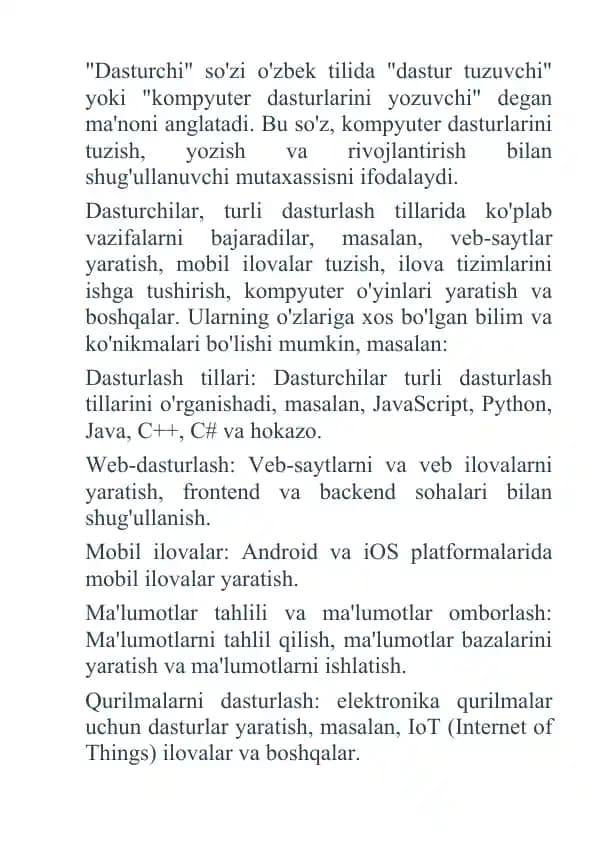dasturchi kasbi to`grisidagi ma`lumot