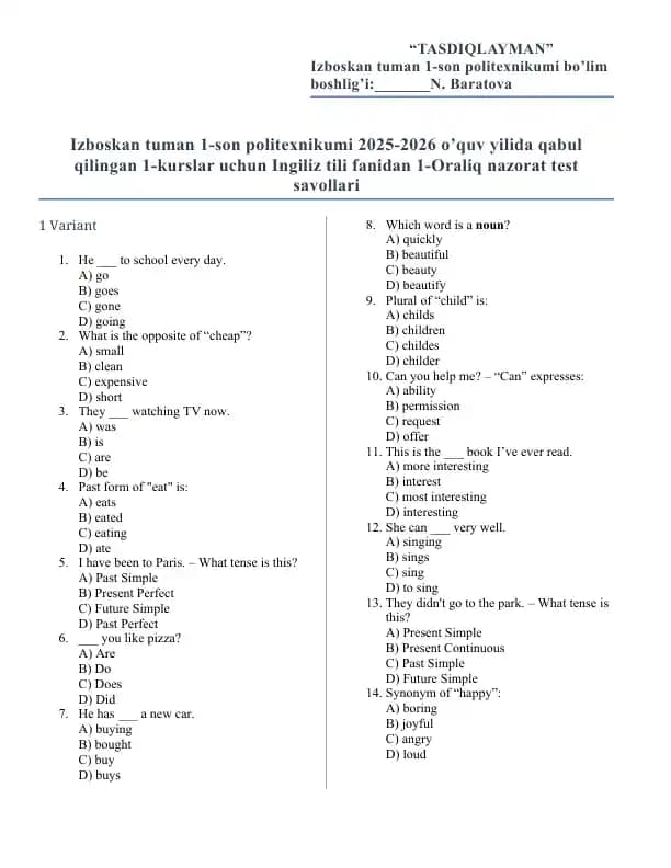 Ingiliz tili fanidan 1-kuerlar uchun test