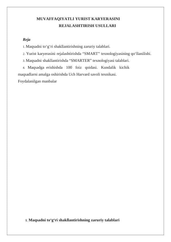 MUVAFFAQIYATLI YURIST KARYERASINI rejalashtirish  usullari