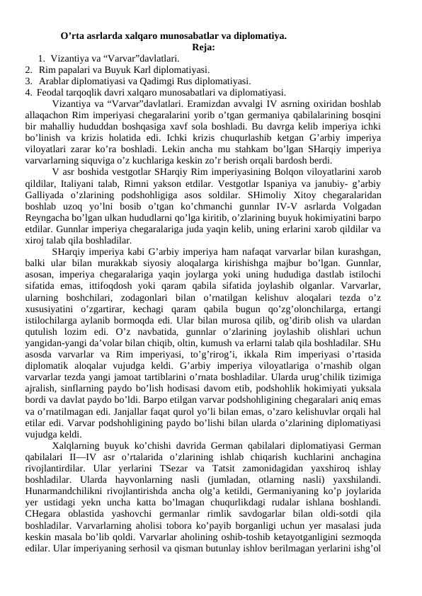 O’rta asrlarda xalqaro munosabatlar va diplomatiya