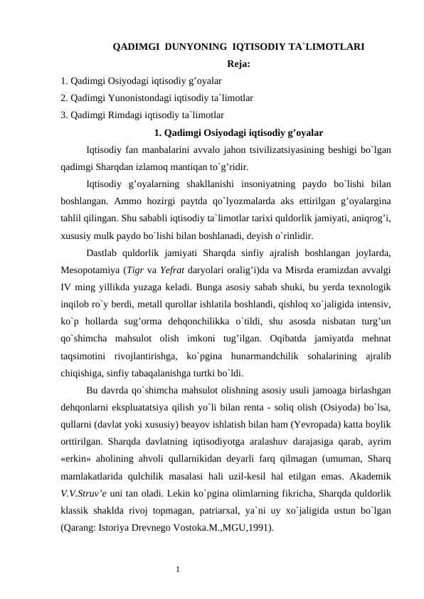 QADIMGI DUNYONING IQTISODIY TA'LIMOTLARI