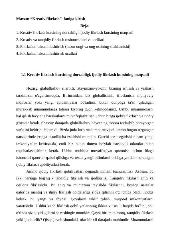 Kreativ fikrlash faniga kirish