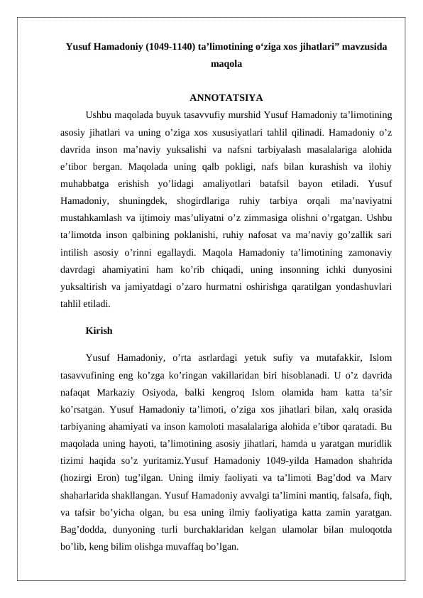 Yusuf Hamadoniy (1049-1140) ta’limotining oʻziga xos jihatlari” mavzusida maqola 24